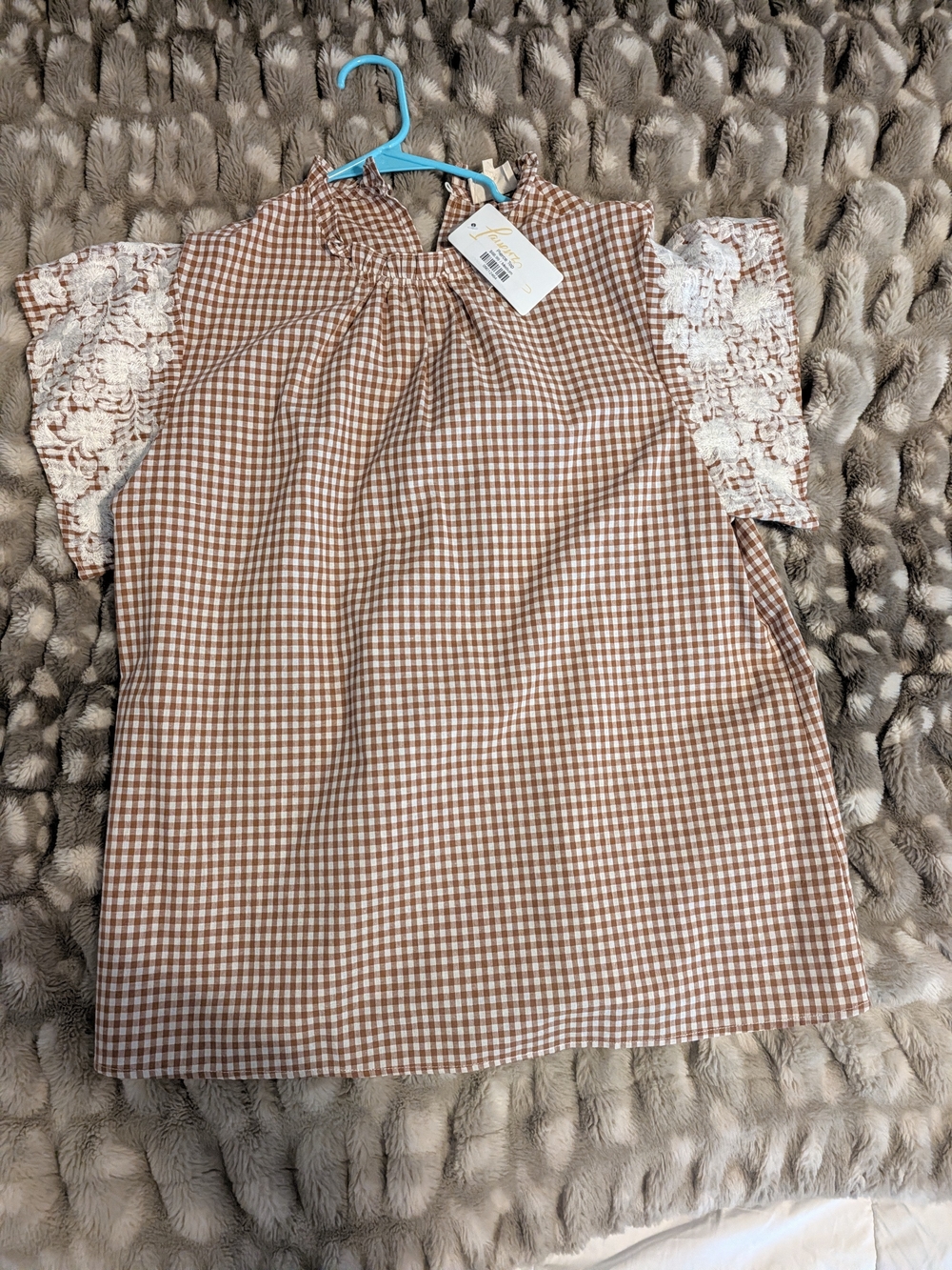 Girls' Brown Gingham Lace Sleeve Top